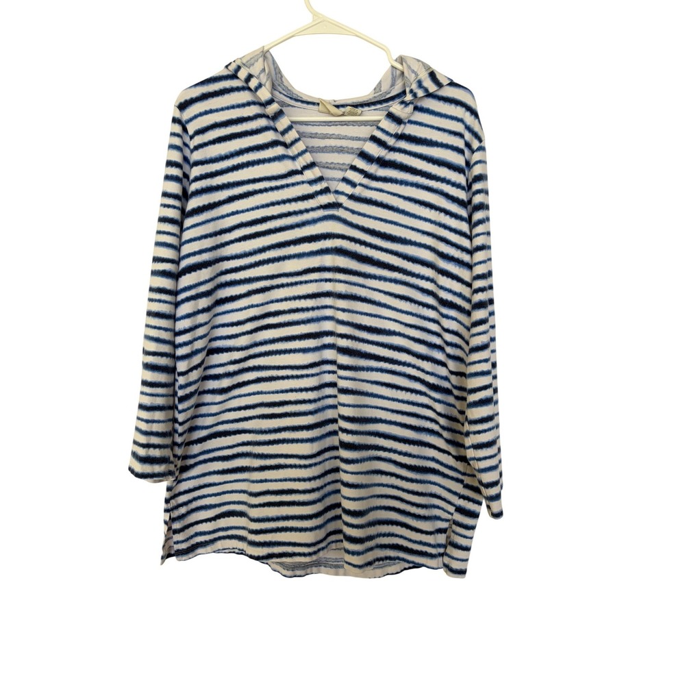 Zenergy by Chico's Blue White Striped Hooded Tunic Top Roll Tab Sleeve large